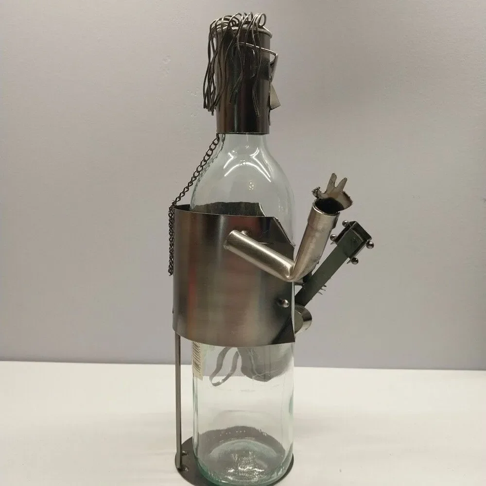 Handmade Metal Rock Guitarist Wine Bottle Holder Peace Sign Sculpture 12.5